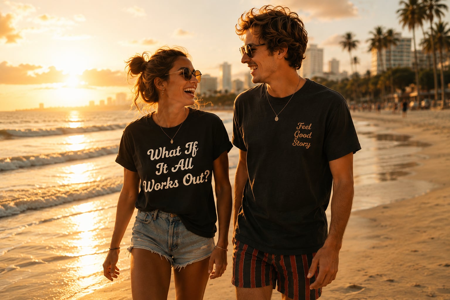 Couple at beach sunset wearing Feel Good Story