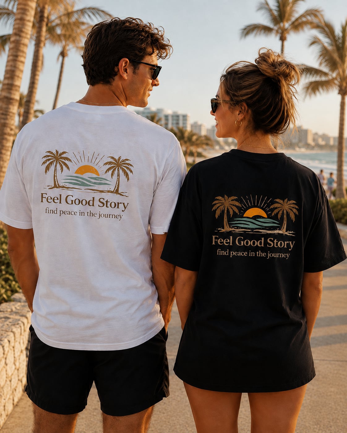 Couple at beach sunset wearing Feel Good Story