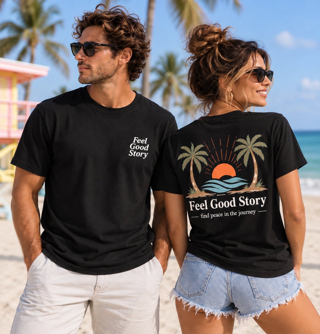 Four models wearing Feel Good Story graphic tees on Miami Beach