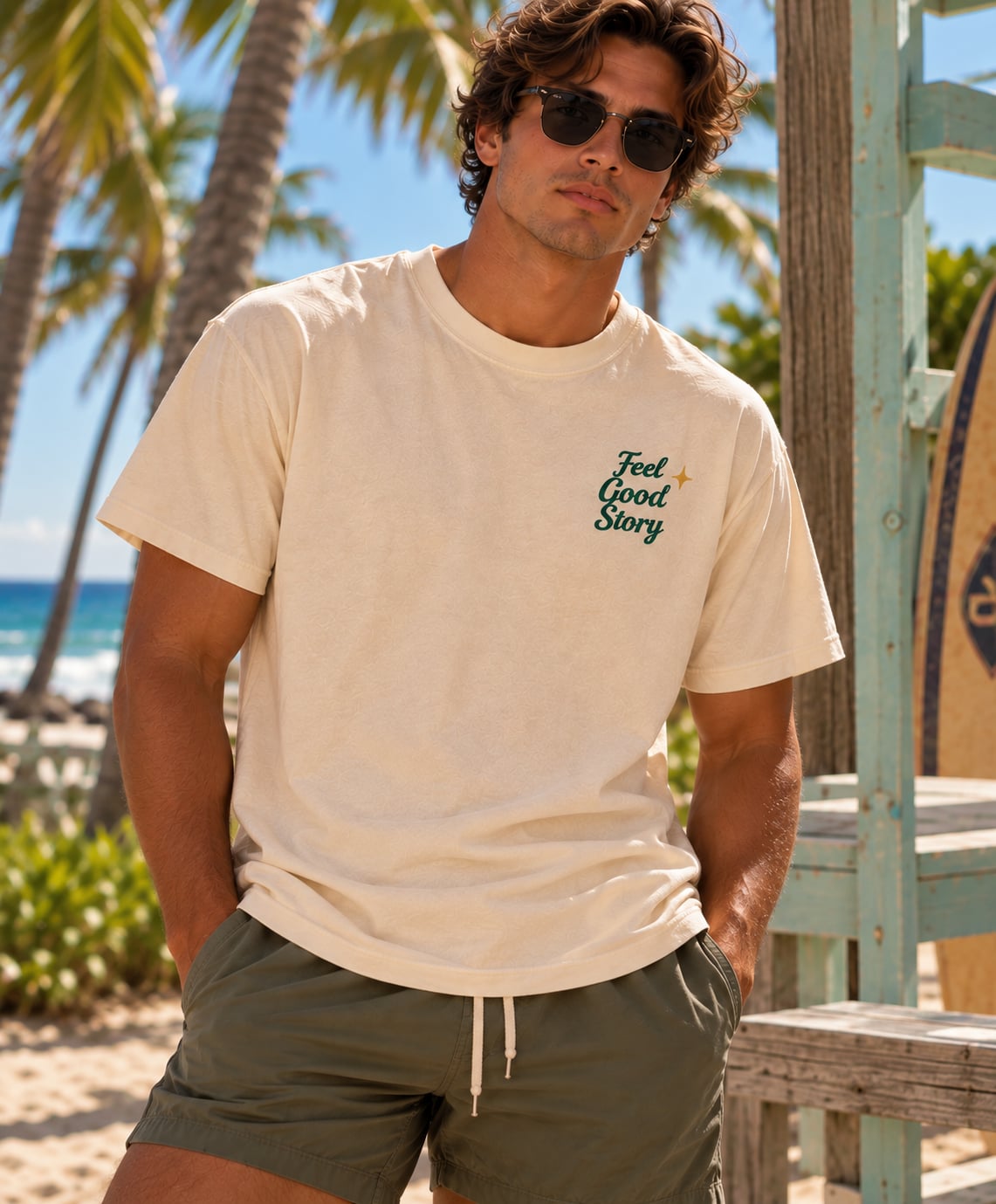 Man wearing Feel Good Story graphic tee at Miami beach