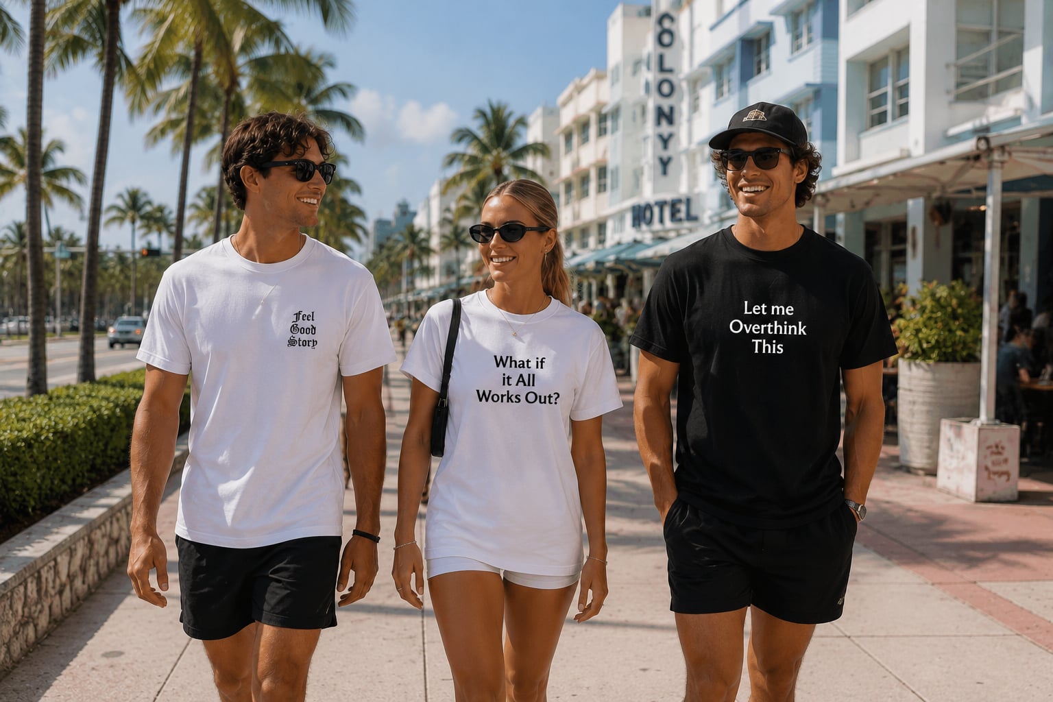 Three people walking on beach promenade