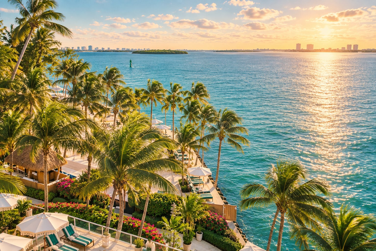 Aerial view of Miami palm tree lined pathway